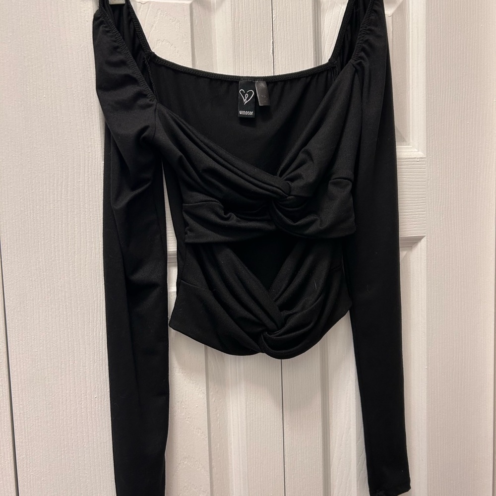 Windsor Black Twist-Front Long Sleeve Top with Draped Cutouts